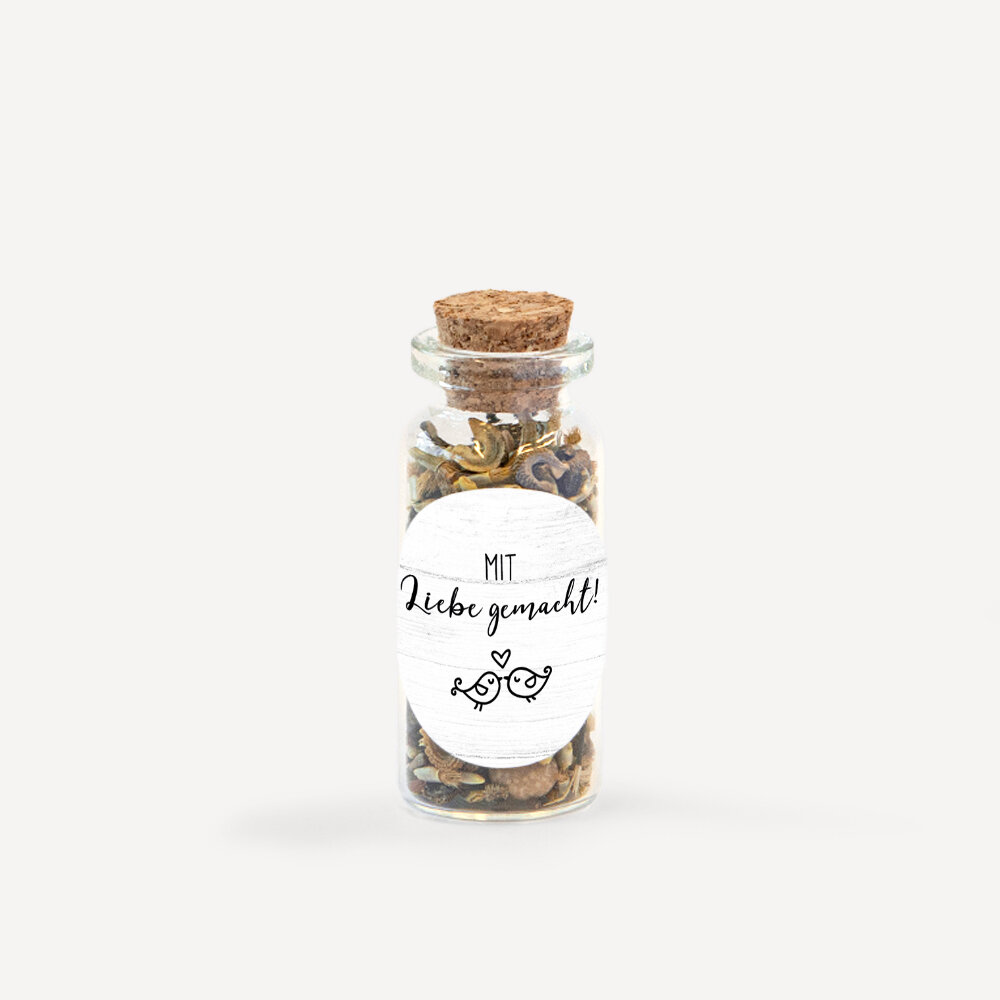 Gastgeschenk Mini Glasröhrchen mit Aufkleber "Liebesgeschichte" Mit Liebe gemacht