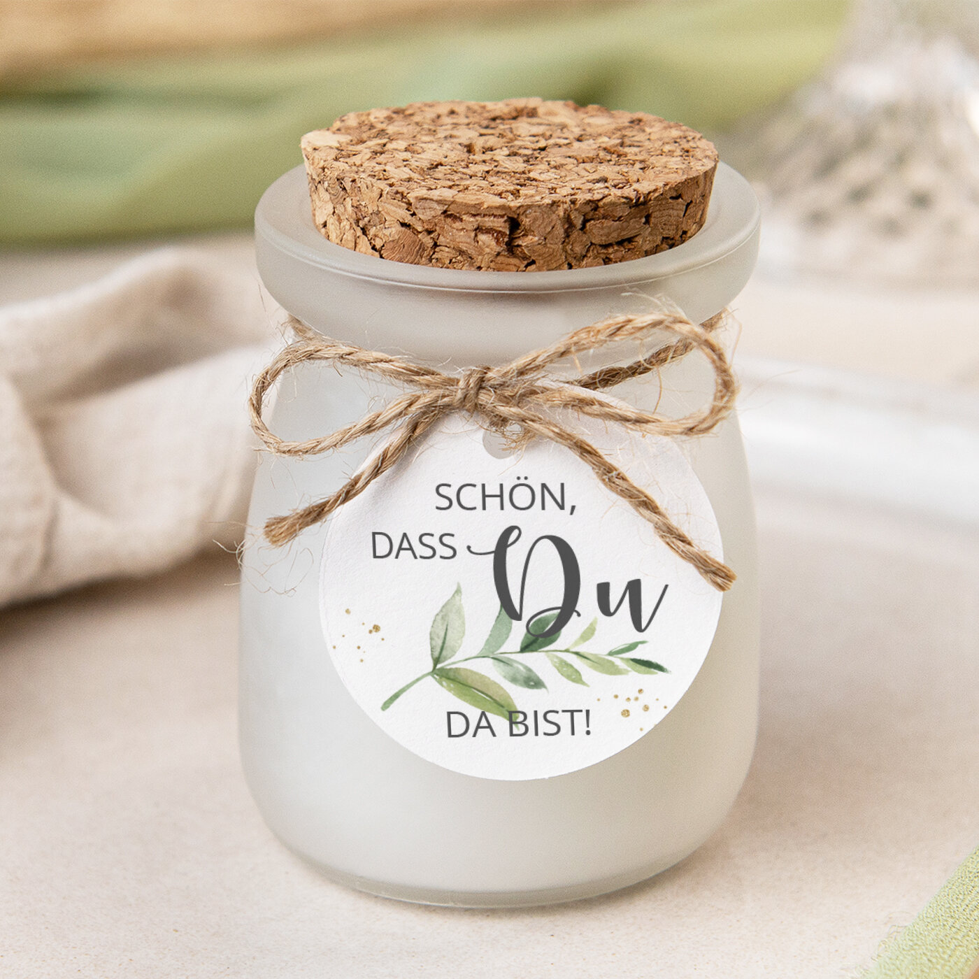 Duftkerze Vanille mit Korkdeckel + Anhänger "Green Magic" Schön, dass Du da bist!
