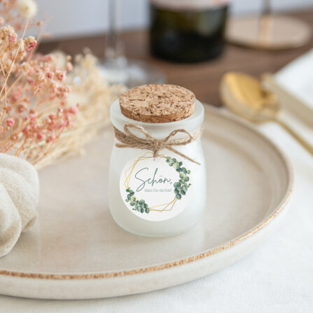 Gastgeschenk Duftkerze Vanille mit Korkdeckel + Anhänger "Eukalyptus Geometrie" Schön, dass Du da bist!
