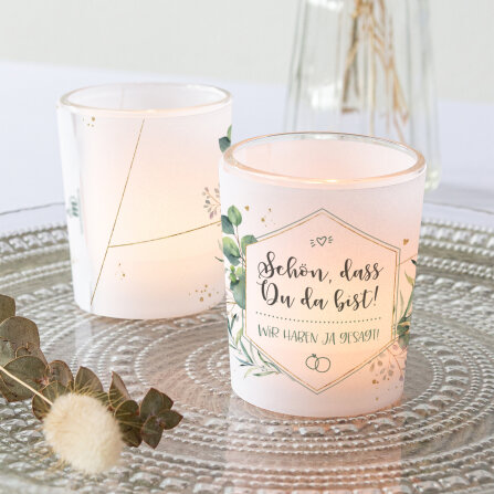 Gastgeschenk Tischkarte Windlicht "Aquarell Eukalyptus Zweige" inkl. Glas Schön, dass Du da bist!