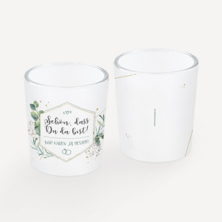 Gastgeschenk Tischkarte Windlicht "Aquarell Eukalyptus Zweige" inkl. Glas Schön, dass Du da bist!