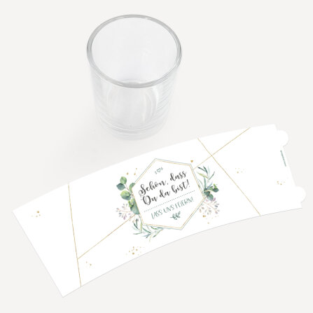 Gastgeschenk Tischkarte Windlicht "Aquarell Eukalyptus Zweige" inkl. Glas Schön, dass Du da bist!