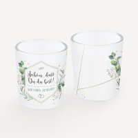 Gastgeschenk Tischkarte Windlicht "Aquarell Eukalyptus Zweige" inkl. Glas Schön, dass Du da bist!