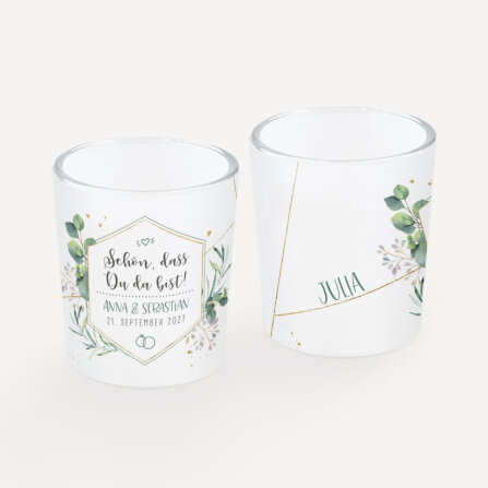 Tischkarte Windlicht "Aquarell Eukalyptus Zweige" inkl. Glas inkl. Personalisierung
