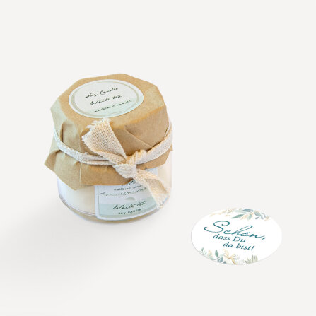 Mini Duftkerze mit Aufkleber "Botanical Greenery" Schön, dass Du da bist!