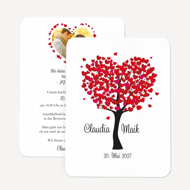 Hochzeitseinladung runde Ecken "Herzbaum"