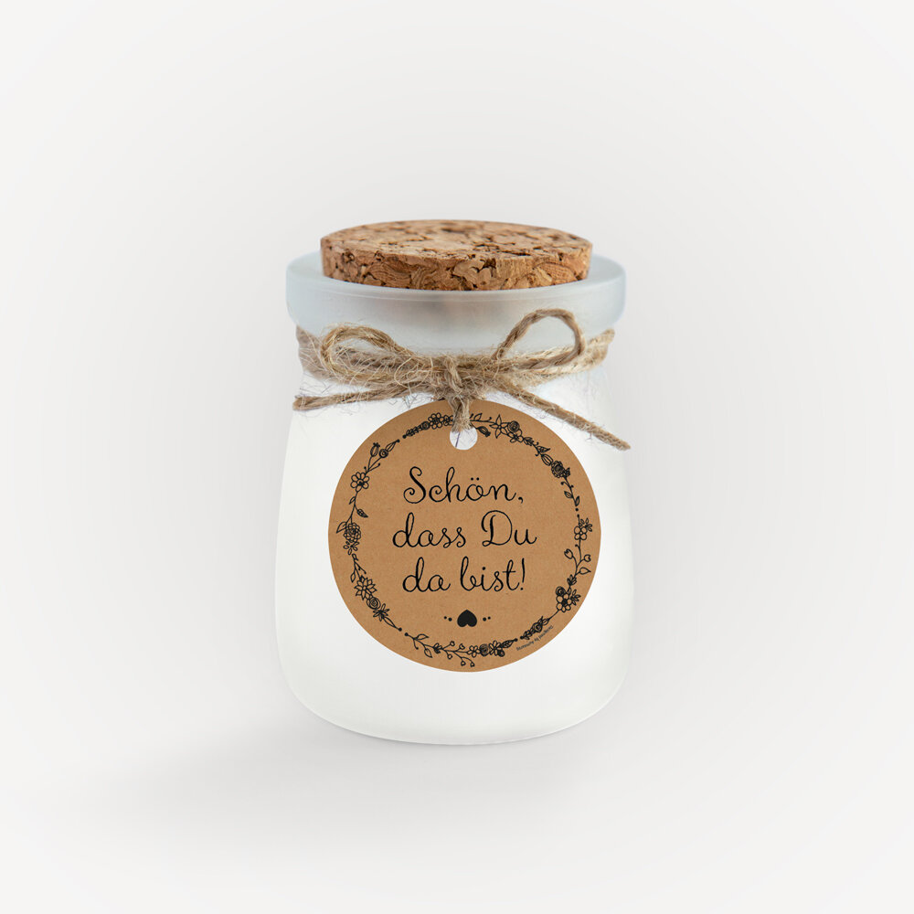 Duftkerze Vanille mit Korkdeckel + Anhänger "Vintage Natural" Schön, dass Du da bist!