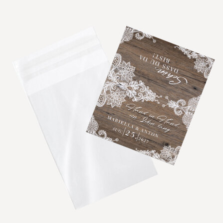 Gastgeschenk Tüte transparent mit Etikett "Holz und Spitze" personalisiert