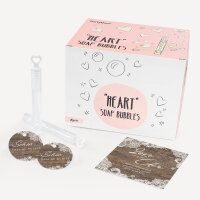 48 x Seifenblasen mit Anhänger "Holz und Spitze" personalisierbar Schön, dass Du da bist!