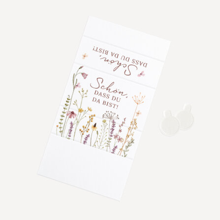 Gastgeschenk SMARTIES mini mit Banderole "Wildromantische Blüten" Schön, dass Du da bist!