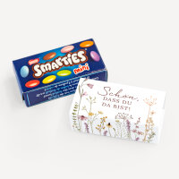 Gastgeschenk SMARTIES mini mit Banderole "Wildromantische Blüten" Schön, dass Du da bist!