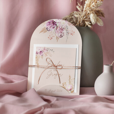 Hochzeitseinladung halbrund "Pampasgras" creme