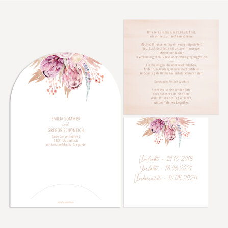 Hochzeitseinladung halbrund "Pampasgras" weiß