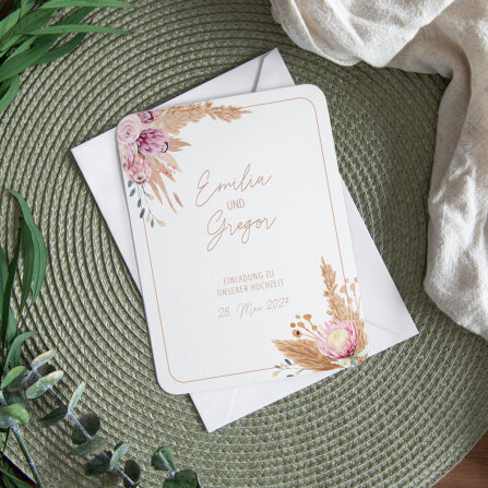 Hochzeitseinladung runde Ecken "Pampasgras" weiß