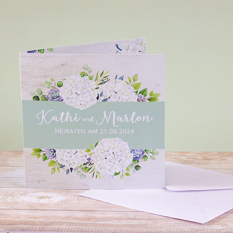 Hochzeitseinladung "Hortensien" mint