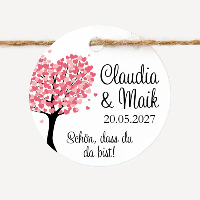 24 x Geschenkanhänger rund "Herzbaum"