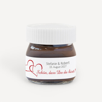 Gastgeschenk Mini Nutella Glas mit Aufkleber "Zwei Herzen"