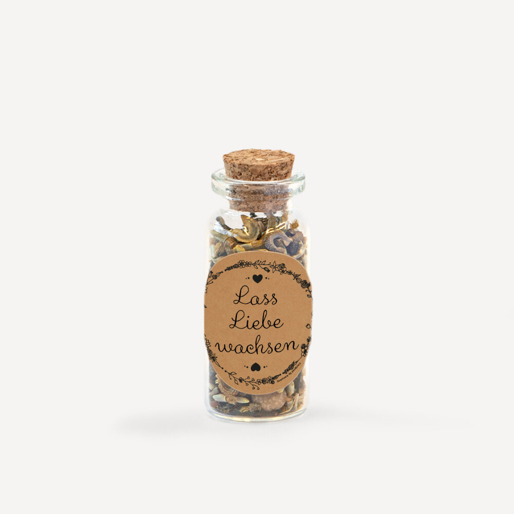 Gastgeschenk Mini Glasröhrchen mit Aufkleber "Vintage Natural" Lass Liebe wachsen