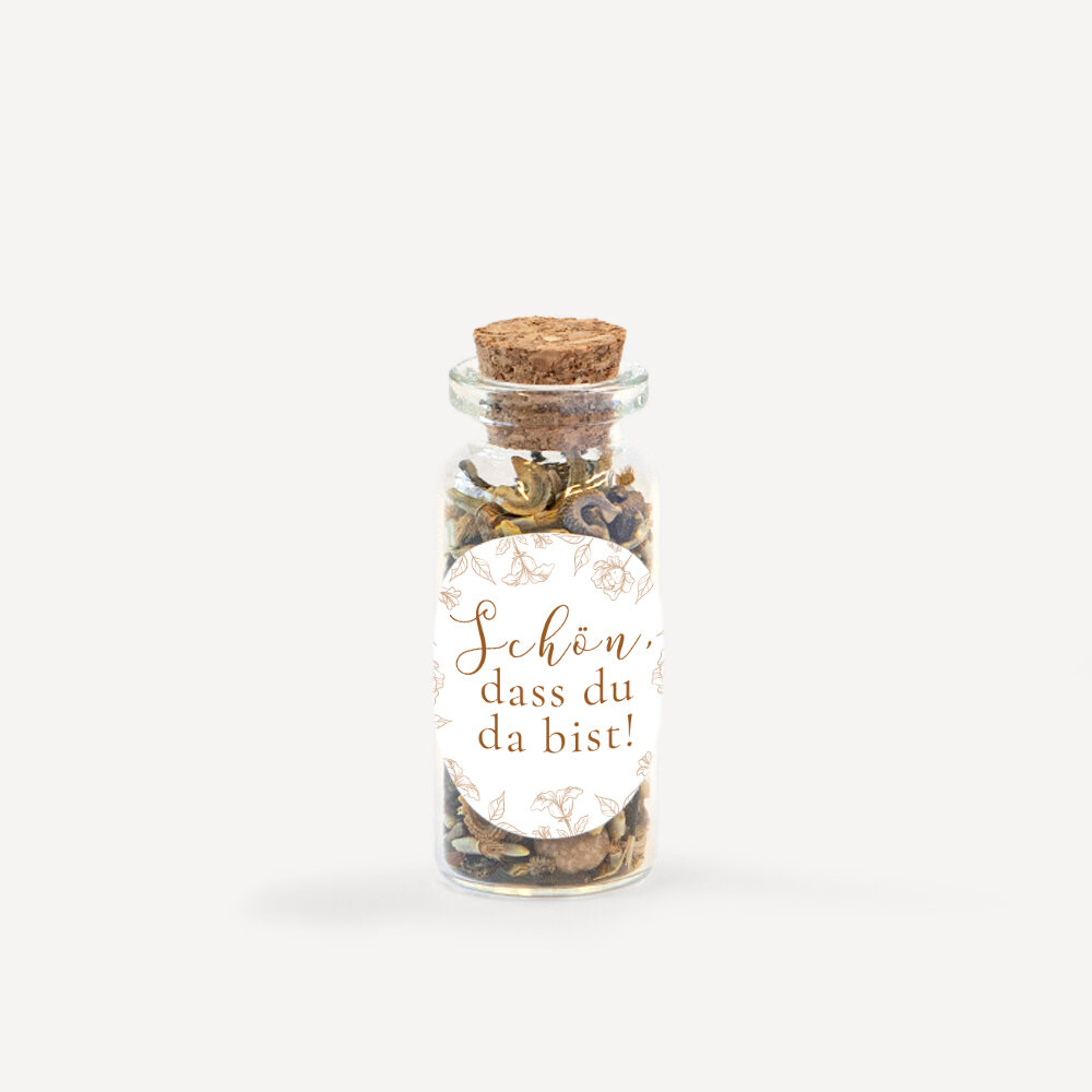 Gastgeschenk Mini Glasröhrchen mit Aufkleber "Rustikale Spitze" Schön, dass du da bist!