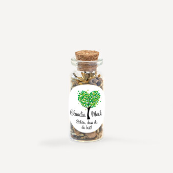 Gastgeschenk Mini Glasröhrchen mit Aufkleber "Herzbaum" grün online selbst gestalten