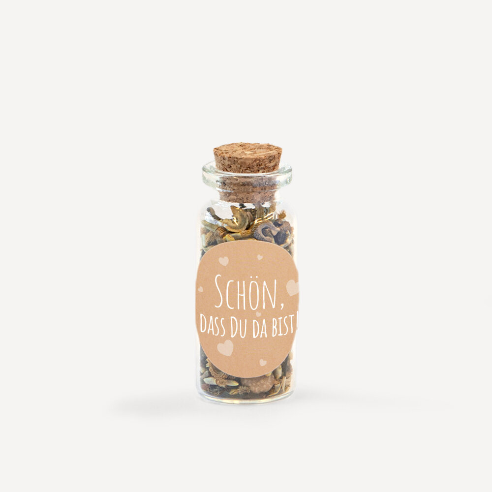 Gastgeschenk Mini Glasröhrchen mit Aufkleber "Vintage Style" Schön, dass Du da bist!