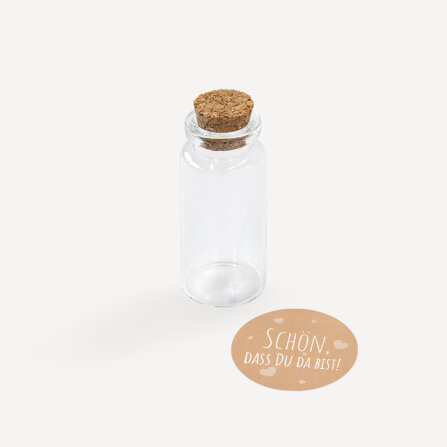 Gastgeschenk Mini Glasröhrchen mit Aufkleber "Vintage Style" Schön, dass Du da bist!