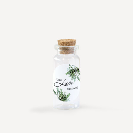Gastgeschenk Mini Glasröhrchen mit Aufkleber "Greenery" Lass Liebe wachsen