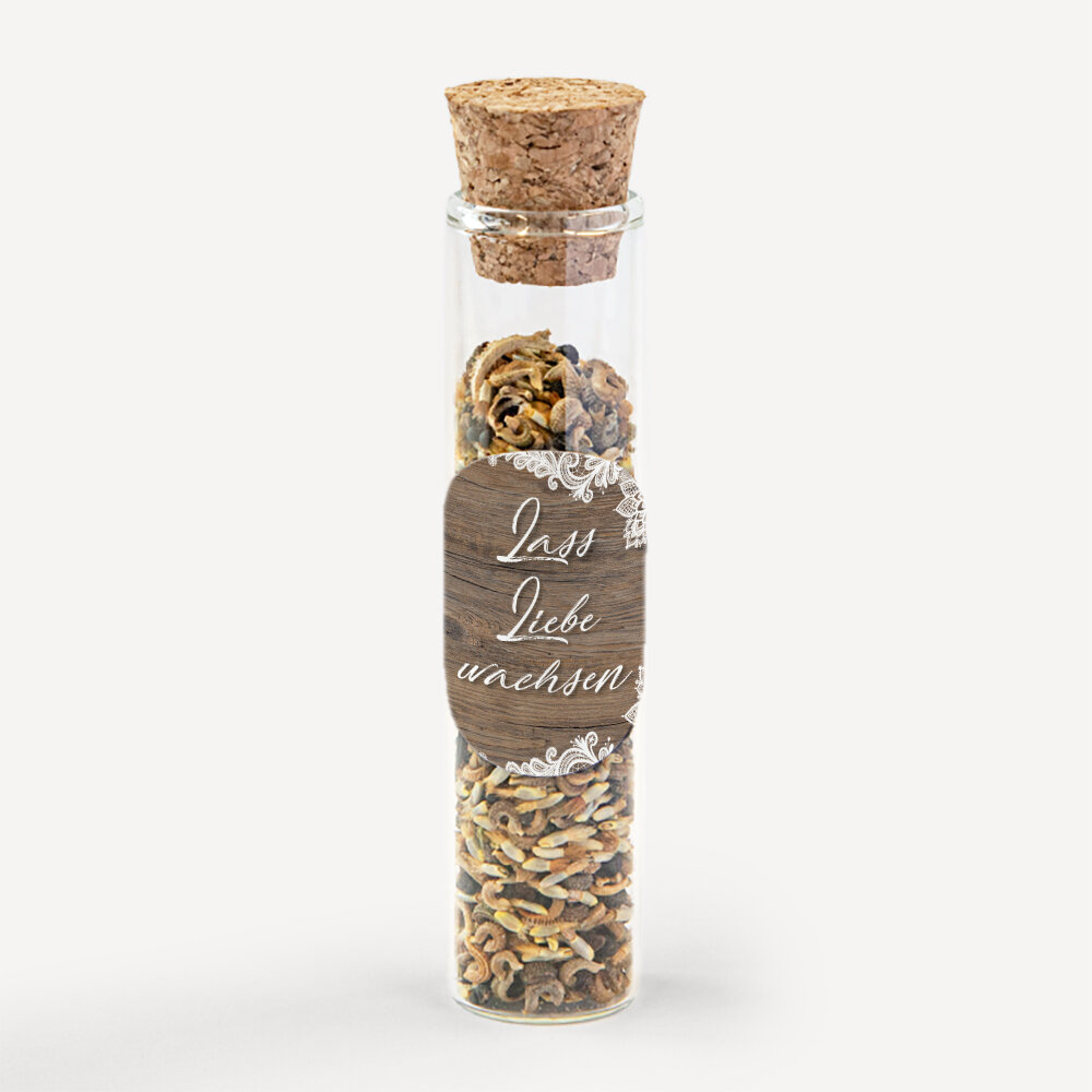 Gastgeschenk Glasröhrchen mit Korken und Aufkleber "Holz und Spitze" Lass Liebe wachsen