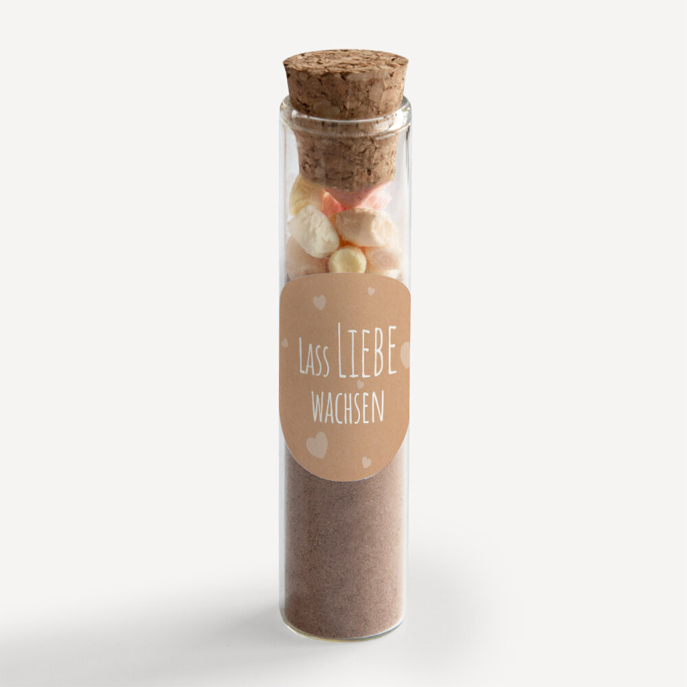 Gastgeschenk Glasröhrchen mit Korken und Aufkleber "Vintage Style" Lass Liebe wachsen