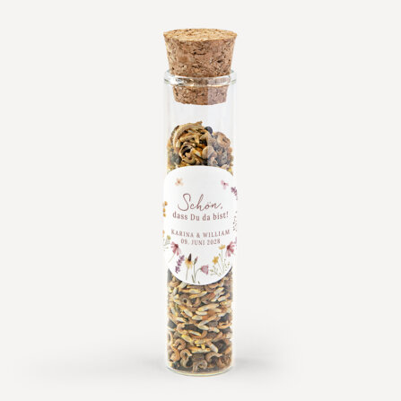 Gastgeschenk Glasröhrchen mit Korken und Aufkleber "Wildromantische Blüten"
