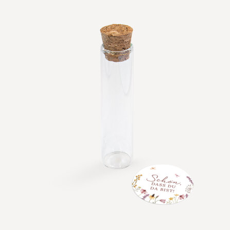 Gastgeschenk Glasröhrchen mit Korken und Aufkleber "Wildromantische Blüten"