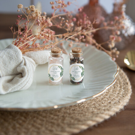 Gastgeschenk Mini Glasröhrchen mit Aufkleber Salz & Pfeffer "Eukalyptus Geometrie" 2er Set unpersonalisiert