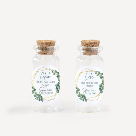 Gastgeschenk Mini Glasröhrchen mit Aufkleber Salz & Pfeffer "Eukalyptus Geometrie" 2er Set unpersonalisiert