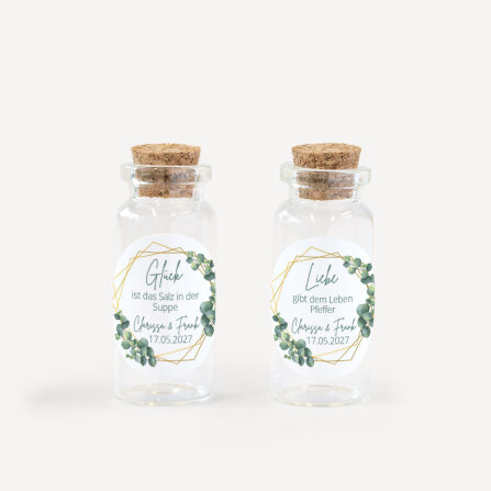 Gastgeschenk Mini Glasröhrchen mit Aufkleber Salz & Pfeffer "Eukalyptus Geometrie" 2er Set online selbst gestalten