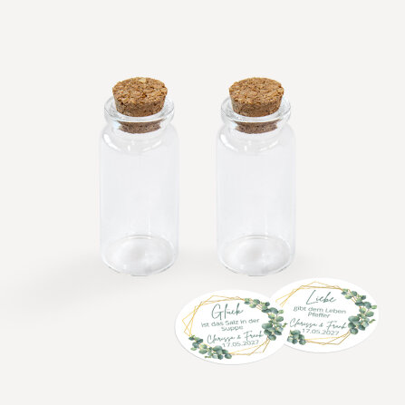 Gastgeschenk Mini Glasröhrchen mit Aufkleber Salz & Pfeffer "Eukalyptus Geometrie" 2er Set online selbst gestalten
