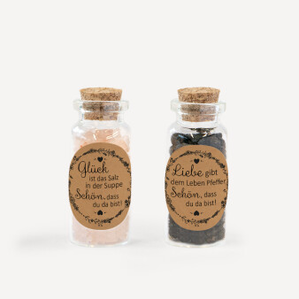 Gastgeschenk Mini Glasröhrchen mit Aufkleber Salz & Pfeffer "Vintage Natural" 2er Set