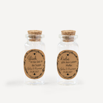 Gastgeschenk Mini Glasröhrchen mit Aufkleber Salz & Pfeffer "Vintage Natural" 2er Set