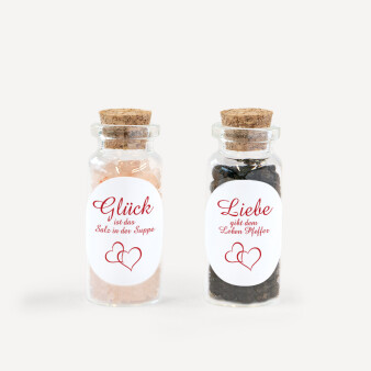 Gastgeschenk Mini Glasröhrchen mit Aufkleber Salz & Pfeffer "Zwei Herzen" 2er Set