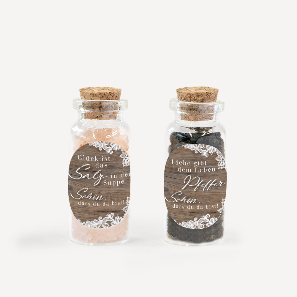 Gastgeschenk Mini Glasröhrchen mit Aufkleber Salz & Pfeffer "Holz und Spitze" 2er Set unpersonalisiert