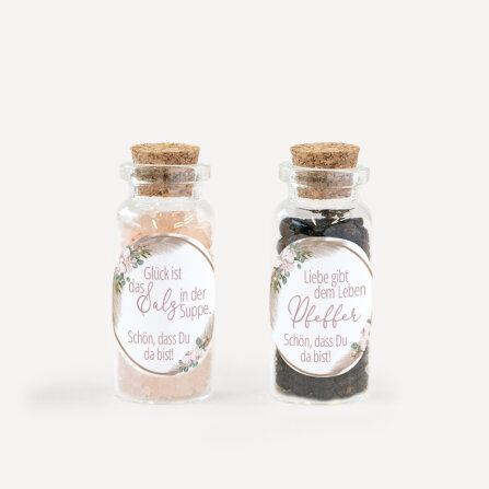 Gastgeschenk Mini Glasröhrchen mit Aufkleber Salz...