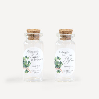 Gastgeschenk Mini Glasröhrchen mit Aufkleber Salz & Pfeffer "Eukalyptus Ranken" 2er Set