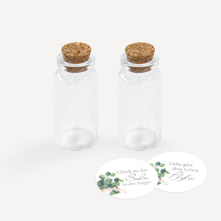 Gastgeschenk Mini Glasröhrchen mit Aufkleber Salz & Pfeffer "Eukalyptus Ranken" 2er Set unpersonalisiert