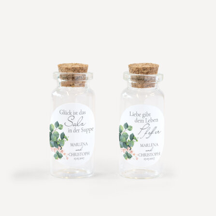 Gastgeschenk Mini Glasröhrchen mit Aufkleber Salz & Pfeffer "Eukalyptus Ranken" 2er Set online selbst gestalten