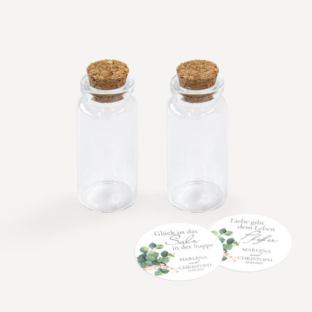 Gastgeschenk Mini Glasröhrchen mit Aufkleber Salz & Pfeffer "Eukalyptus Ranken" 2er Set online selbst gestalten