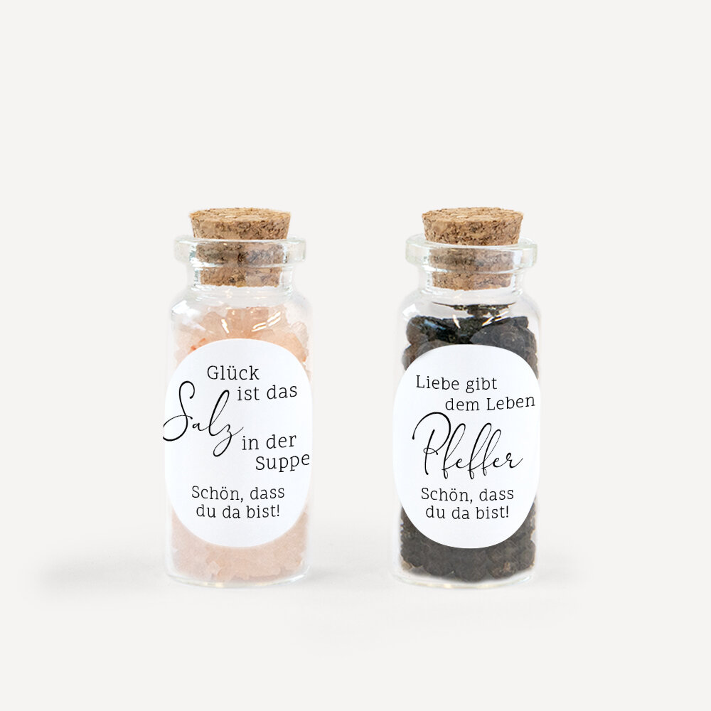 Gastgeschenk Mini Glasröhrchen mit Aufkleber Salz & Pfeffer "Minimalistisch" 2er Set unpersonalisiert