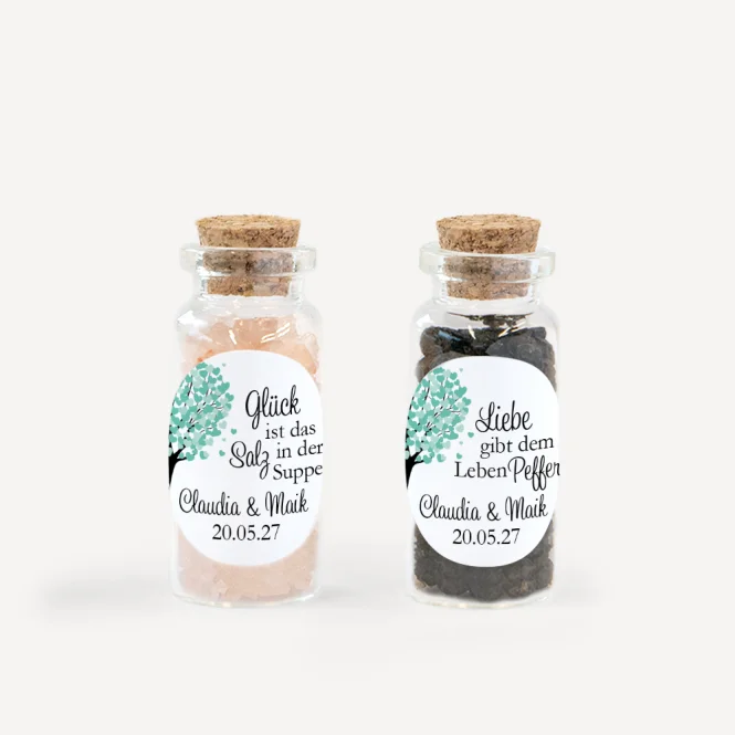 Gastgeschenk Mini Glasröhrchen mit Aufkleber Salz...