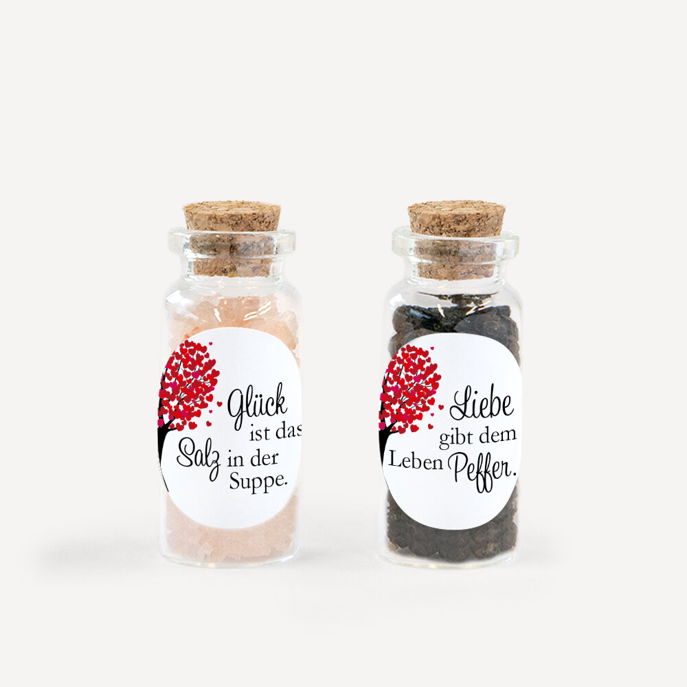 Gastgeschenk Mini Glasröhrchen mit Aufkleber Salz & Pfeffer "Herzbaum" rot 2er Set unpersonalisiert