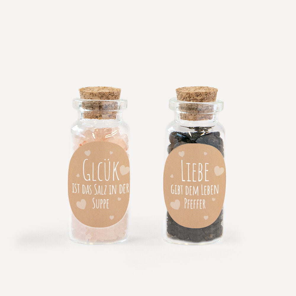 Gastgeschenk Mini Glasröhrchen mit Aufkleber Salz & Pfeffer "Vintage Style" 2er Set unpersonalisiert