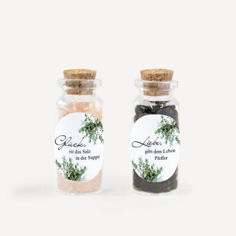 Gastgeschenk Mini Glasröhrchen mit Aufkleber Salz & Pfeffer "Greenery" 2er Set