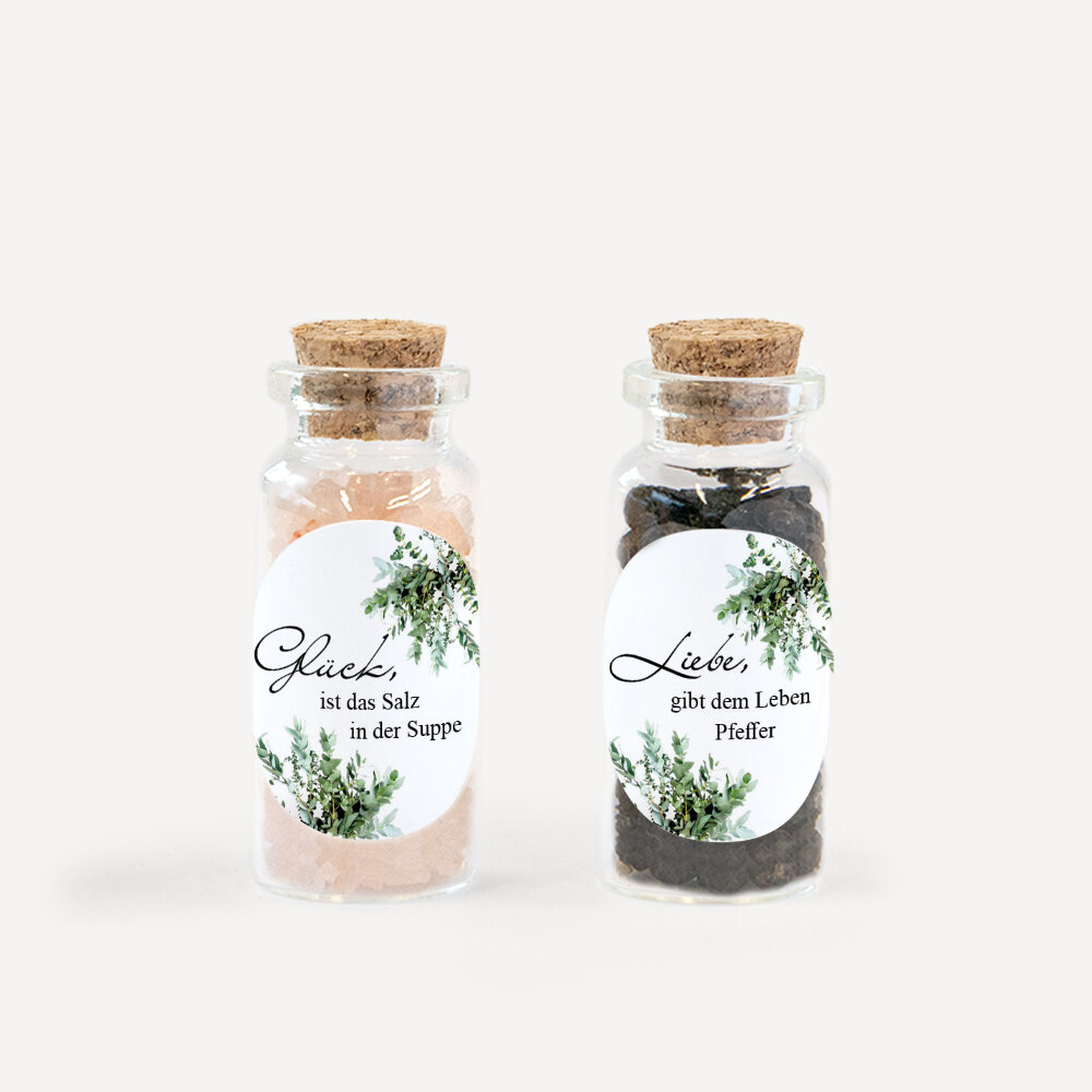 Gastgeschenk Mini Glasröhrchen mit Aufkleber Salz & Pfeffer "Greenery" 2er Set unpersonalisiert